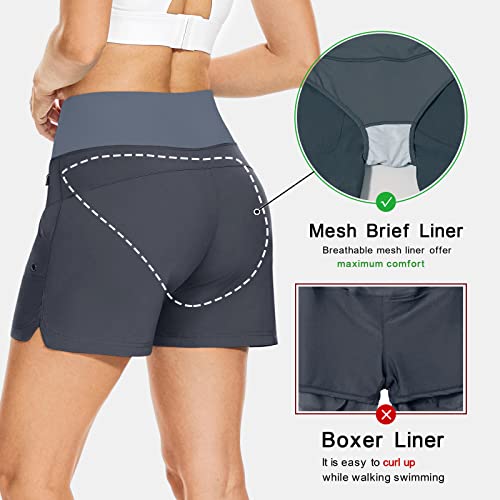 Jikeimye Women's 5" High Waisted Swim Board Shorts With Zipper Pockets Tummy Control Quick Dry Beach Shorts Swimsuit With Liner Dark Grey L #TOP3