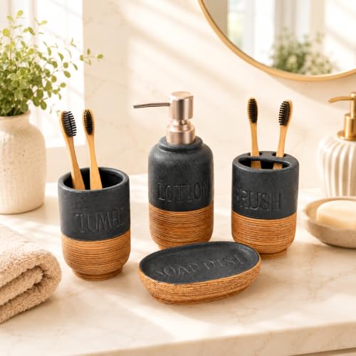 Image of Market99 Ceramic Bathroom Set Matte Black & Brown with Sophisticated Wooden Elegance Pattern, Includes Soap Dispenser, Tumbler, Toothbrush Holder, & Soap Dish for Coordinated Bathroom Style, 350ML