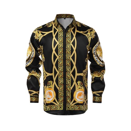 Chemise de Luxe à Manches Longues pour Homme - Imprimé en Satin - Imprimé Floral - pour fête, Bal de Fin d'année, boîte de Nuit, Taille XL