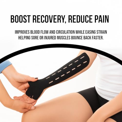Image of PulseITSportsTape Kinesiology Tape- Waterproof & Sweatproof Sports Tape for Muscle Support, Pain Relief & Injury Recovery | Athletic Physio Tape for Knee, Shoulder, Ankle. 5cm x 5m (With Holes, Black)
