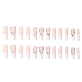 Magrace Press on Nails Long Square Fake Nails White French False Nails with Designs Rhinestone 24 pcs Stick on Nails for Women (A-2)