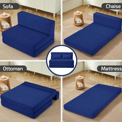 Image of Los Angeles Foldable One Seater Sofa Cum Bed, Sofa Bed 3 X 6 Feet, Jute Fabric- Washable Cover Including 1 Cushion Perfect for Home & Office - Blue