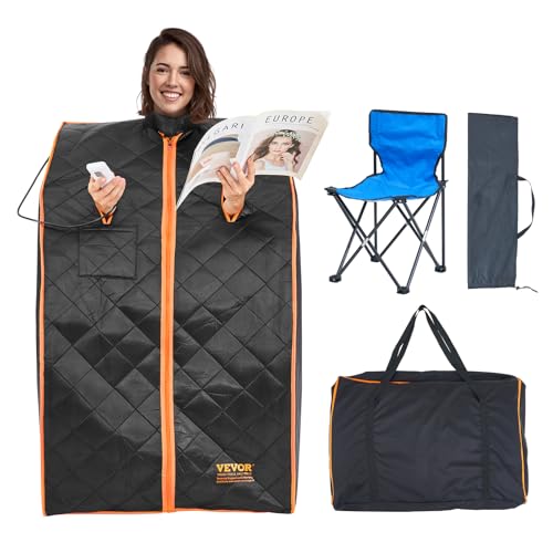 VEVOR Infrared Portable Sauna Tent, 1050W Personal Sauna Kit for Home Spa, Heated Body Therapy, Time and Temperature Remote Control with Chair and Floor Mat and Storage Bag, Black, 2.2x2.6x