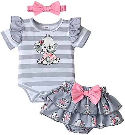 PENNSOY Baby Girl Clothes Newborn Infant Elephant Print Summer Outfits Ruffle Short Sleeve Romper Jumpsuit with Headband 3PCS Gray 0-3M