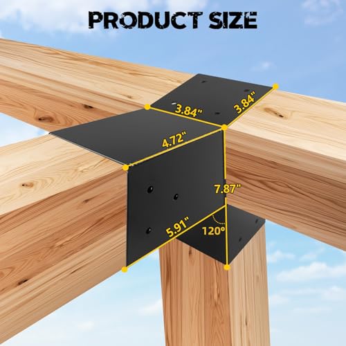 Image of 3-Way 30 Degree Pergola Brackets,L-Shaped Right Angle Corner Bracket for 4 inchx4 inch(Actual:3.5 inchx3.5 inch) Indoor & Outdoor Wood Beam,DIY Slant Bracket for Pavilion,Gazebo,Porch,Deck,Cabin (4Pack)