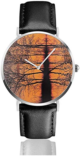 Nature Decor,Landscape from Mother Earth Sunset by The Lake with Fall Trees Forest Image Black Quartz Movement Stainless Steel Leather Strap Watches Casual Fashion Wrist Watches