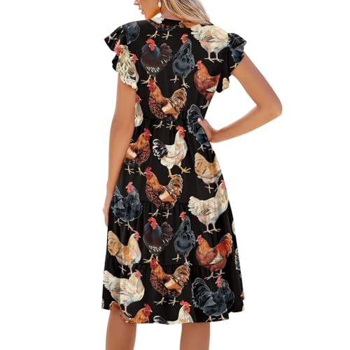 Image of Women's Casual Ruffle Sleeve Dress V Neck Pullover Dress Flowy A-Line Pleated Lightweight Dress with Pockets
