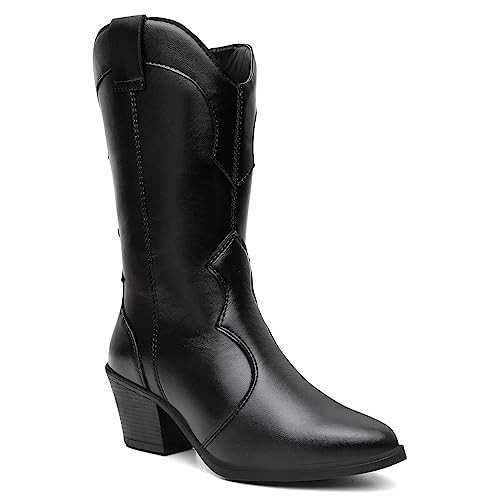 Bota Feminina Texana em Couro Legítimo Bico Fino Salto Médio - Preto/37