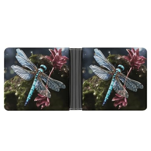 Men's Leather Wallet Bifold Wallet for Men Blue Dragonfly Slim Wallet with Multiple Card Classic Passcase Mens Card Holder