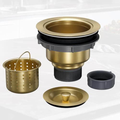 EXAKEY Kitchen Sink Drain 3-1/2 Inch Kitchen Drain Assembly Kit with Removable Deep Sink Strainer Basket and Drain Sealing Stopper Lid Stainless Steel Sink Drain Strainer Brushed Gold