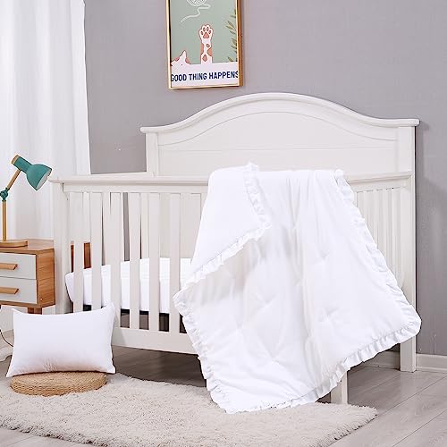 Image of JISEN 3 Piece Baby Bedding Set - Soft Ruffle Crib Comforter Set with Quilt, Sheet, Pillowcase - Nursery Bedding for Boys or Girls - White