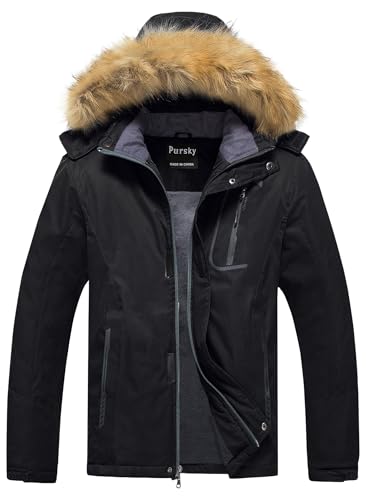 Image of Pursky Men's Waterproof Ski Jacket Winter Snow Coats Fur Hooded Raincoats Parka