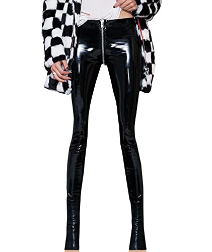 SEMATOMALA Women's Latex Zipper Crotch Leggings Sexy PVC Faux Leather Shiny Wet Look Black Red Tight Lingerie Pants