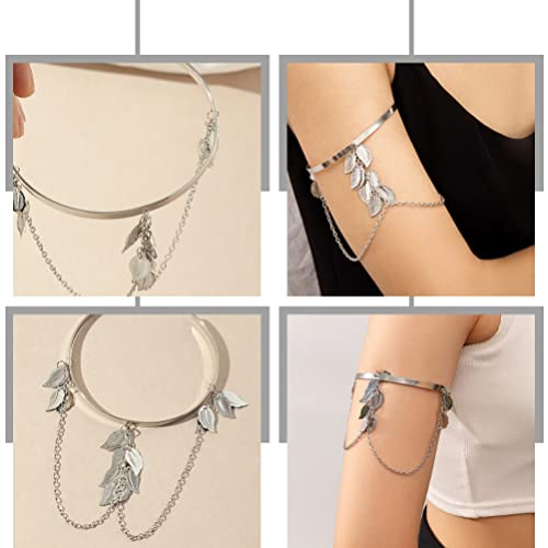 KALLORY Bracelete de metal com braço aberto ajustável com folhas, braço superior