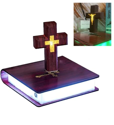KIYOMING Levitating Cross Lamp Floating Jesus & Bible Night Light Colorful Magnetic Levitation Cross Ornament Glowing Cross Light Home Desk Decoration