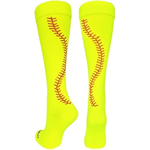 MadSportsStuff Softball Socks with Stitches Over the Calf (Neon Yellow/Red, Medium) Cover