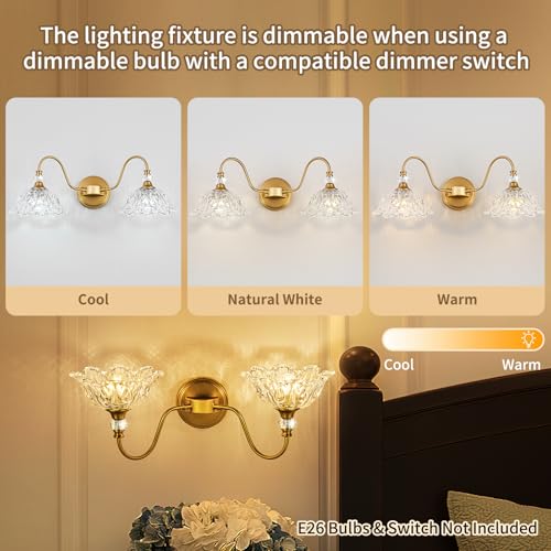 Image of Vintage Bathroom Vanity Light, 2-Light Matte Brass Finish Vanity Light with Floral Clear Glass Shades, Retro Wall Sconce for Bathroom, Dressing Table