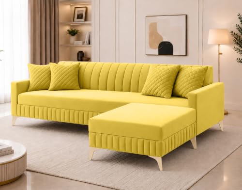 Image of AMATA Falcon 4 Seater L Shape Suede Velvet Fabric Yellow Colour Sofa Set with Two Cushions Perfect for Home Office Guests Living Room (Falcon Yellow Blue, Falcon 4 Seater l Shape)(3 Year Warranty)