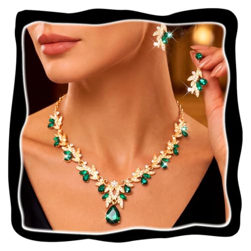 Brishow Jewelry Sets for Women Green Rhinestone Necklace Earrings Set Gold Leaf Costume Jewelry for Prom Formal Events