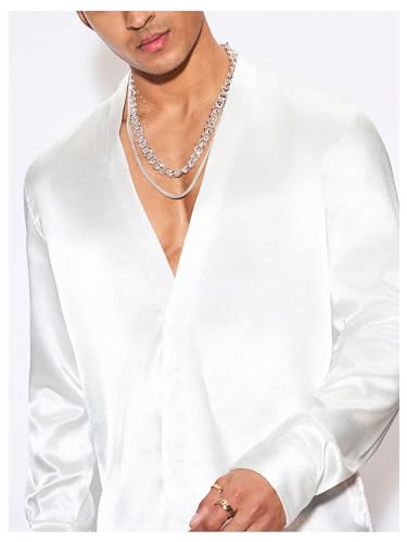 Floerns Men's Wedding Long Sleeve V Neck Shirts Shiny Satin Prom Party Club Shirts3