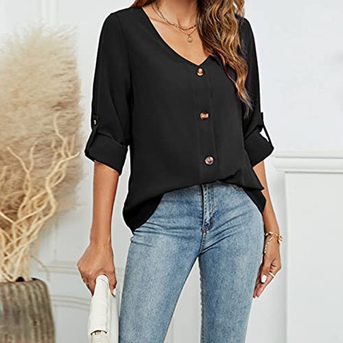DGHM-JLMY Ladies Loose Solid V-Neck Shirt Single-Breasted Blouses Sweatshirts Tees Roll Up Sleeve Casual Button Down Shirts2