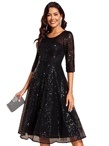 Ever-Pretty Women's Round Neck 3/4 Sleeves Formal Dresses Sequin A Line Midi Wedding Guest Dress 02241