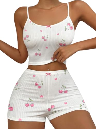 Image of Hilinker Womens Graphic 2 Piece Pajama Set Summer Cute Crop Cami and Shorts Ribbed Lounge Sets