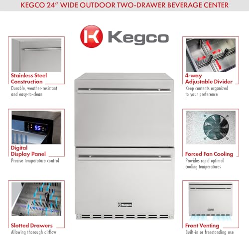 Image of Kegco Built-In Stainless Steel Commercial Two-Drawer Outdoor Refrigerator HK-24D-SS