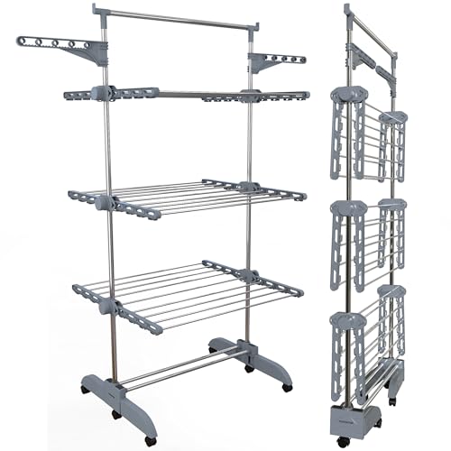 PORTENTUM Tendedero Vertical Plegable 14 cm – 5 Niveles y 58 Ganchos para Perchas – hasta 40 kg – Tenderete 24 Barras de Secado de Acero Inoxidable – Interior y Exterior – Ruedas giratorias con Freno