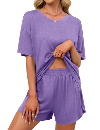 Image of JUSTFASHIONNOW Womens Pajama Sets Shorts Striped Print Two Piece Lounge Sets Crew Neck Sleepwear Split Shorts Set Soft Pjs