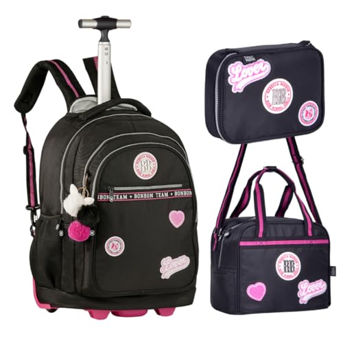 Kit Escolar Rebecca Bonbon Infantil Mochila de Rodinha Lancheira Térmica e Estojo Box 36 elásticos (Preto)