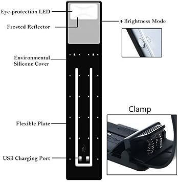 Book Light, LED Reading Lamp USB Rechargeable Flexible Night Light 4 Level Brightness 360Adjustable Clip on Work/Desk/Bed Lights for Amazon Kindle/eBook Reader/Book/iPad