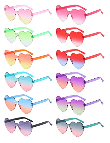 LIULIUBTY Heart Shaped Rimless Sunglasses Bachelorette Party Cool Sunglasses 12 Pack Colorful Plastic Funky Sunglasses Party Favors (Gradient colors)