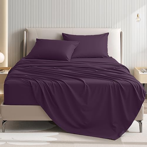 USXIBEI 4 Piece Sheet Set - Comfy Breathable & Cooling Bed Sheets Set Soft and Wrinkle Free Deep Pockets Easy & Secure Fit Hotel Luxury Bedding for Women Men - Oeko-Tex - (Purple Queen)