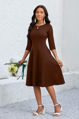 Image of CLOCOR Casual Midi Dresses for Women A-Line Fit and Flare Elegant Church 3 /4 Sleeve Crew Neck Dress with Pocket