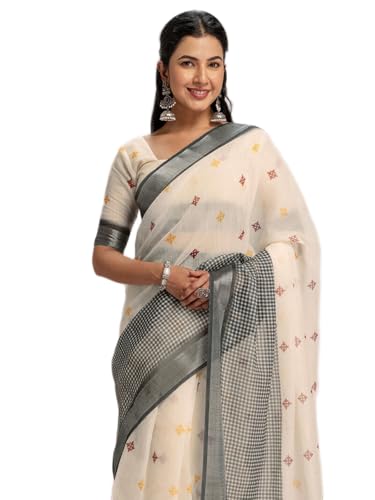 Image of Satrani Women's Linen Printed Ready To Wear Saree with Unstitched Blouse Piece