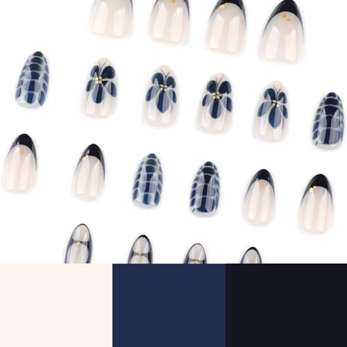 Image of Black Press on Nails Short Almond Fake Nails Flower False Nail with Design Alligator Print Glue on Nails Glossy Artificial Acrylic Nail Full Cover Nude Stick on Nail for Women Manicure 24Pcs