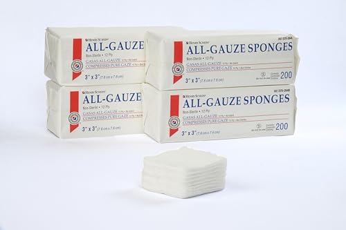 Henry Schein 200-Pack Non-Sterile Gauze Pads 3’’ x 3’’ for Wound Dressing Gauze Sponge-Pads for Wound Care,100% Cotton & Highly Absorbent (200/Pack) / (20 Packs per Case) - Case of 1
