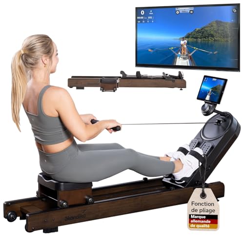 Skandika Rameur Pliable D’Appartement Rovek, 32 Niveaux de résistance électrique, Rameur Magnétique, Siège Détachable, Écran LCD, Bluetooth, Kinomap, Rangement Facile, Max 130KG (Marron foncé)