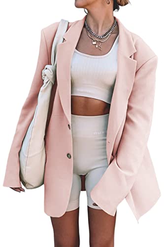 Grlasen Women Casual Elegant Long Sleeve Oversized Lapel Blazers Open Front Solid Work Office Jacket Blazer Pink #TOP1