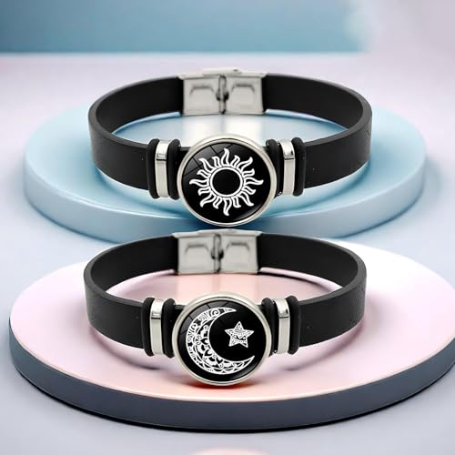Image of 2pcs Sun And Moon Bracelet, Couple Bracelet Long Distance, Sun and Moon Bracelet for Romantic Partners,Without Vibration and Lighting Function Couple Bracelet Long Distance, Best Friend , Black