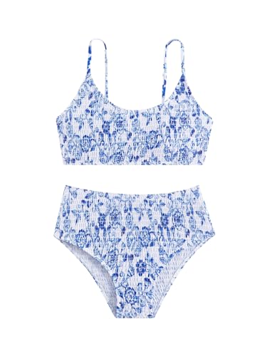 SHENHE Girl's Floral Swimsuits 2 Piece Scoop Neck Bikini Spaghetti Strap Smocked Bathing Suit