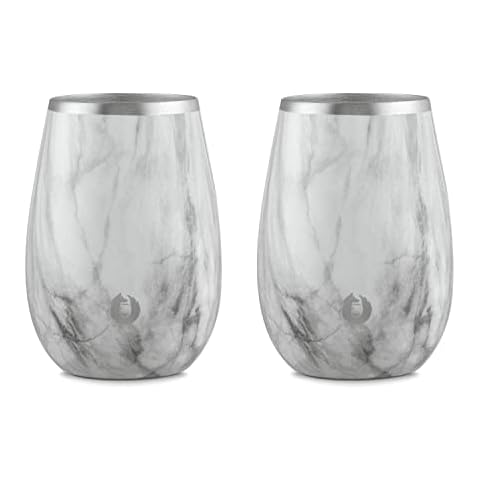 SNOWFOX Premium Vacuum Insulated Stainless Steel Classic White Wine Glass - Set of 2 -Chilled Wine Stays Icy Cold -Lightweight Stemless Cocktail Glasses -Elegant Home Entertaining Barware -8oz -Marble Cover