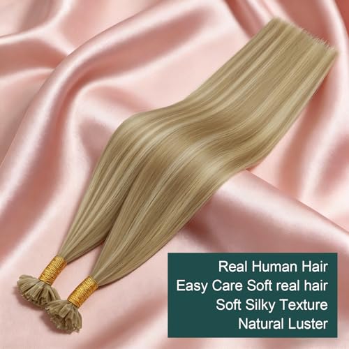 Image of Easyouth 20 Inch U Tip Human Hair Extensions Blonde, Hot Fusion Hair | Highlight U Tips Hair Extensions, 50G 50S, Dark Ash Blonde with Golden Blonde, Professional Salon Recommended