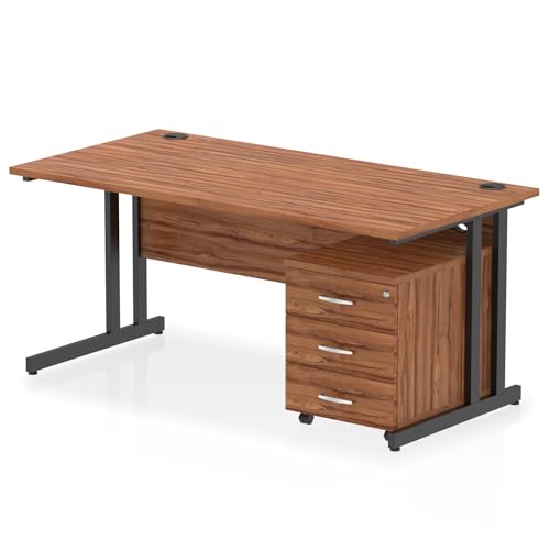 Image of Dynamic Impulse 1600 x 800mm Straight Office Desk Walnut Top Black Cantilever Leg Workstation 3 Drawer Mobile Pedestal