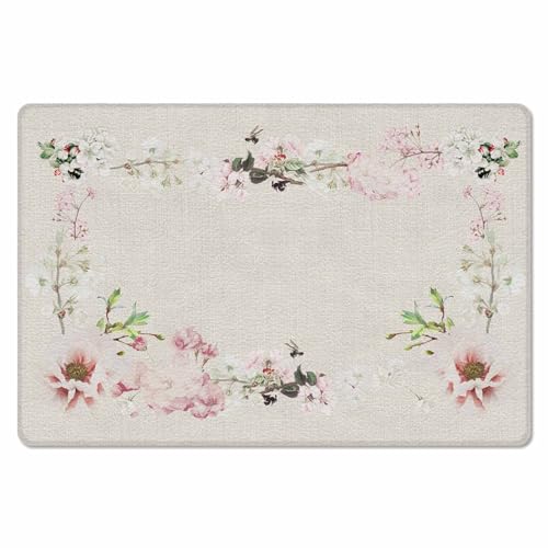 Spring Floral Antifatigue Kitchen Bath Door Mat Cushioned Runner Rug,Washable Welcome Floor Sink Mat,Waterproof & Non-Slip Kitchen Standing Doormat,Vintage Botanical Country Farmbouse Beige 24