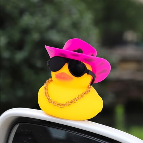 Image of wonuu Car Rubber Duck, Yellow Duck Decoration Dashboard with Sun Hat Swim Ring Necklace Sunglasses for Car Dashboard Decorations, Black Spots Pink Cowboy Hat-Pink