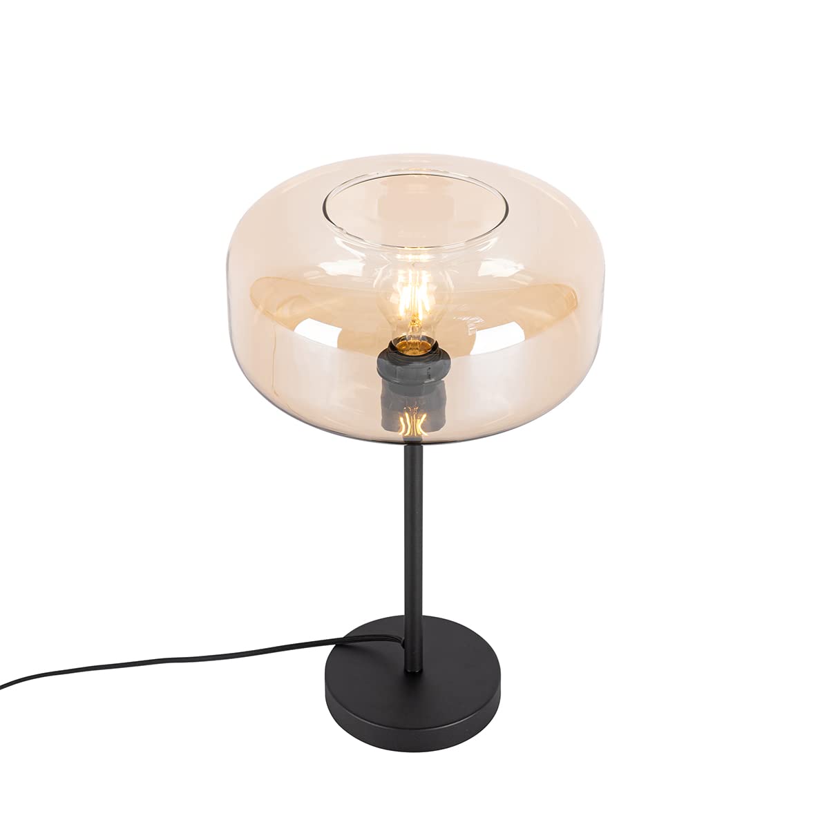 QAZQA Art Déco Lámpara de mesa art déco negra con cristal ámbar - Bizle/Acero Redonda Adecuado para LED Max. 1 x 25 Watt