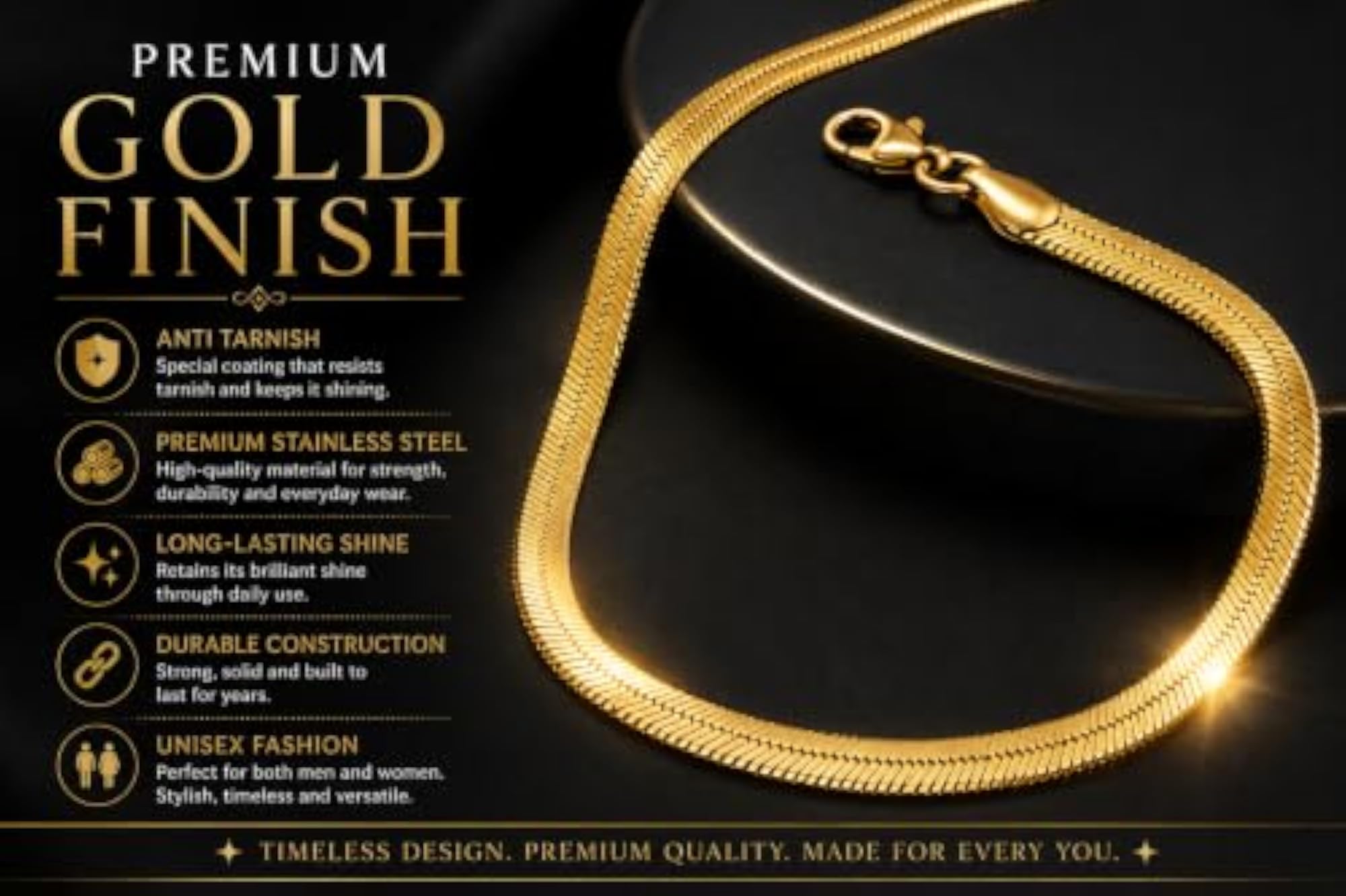 Premium Gold Finish Stainless Steel Snake Chain Necklace