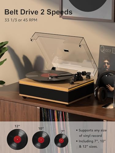 Image of Vinyl Record Player Bluetooth Turntable with Built in Speakers High Fidelity Belt Drive 2-Speed Turntables with Magnetic Cartridge AT-3600L Record Players with Light Strip, Support RCA Output, Walnut